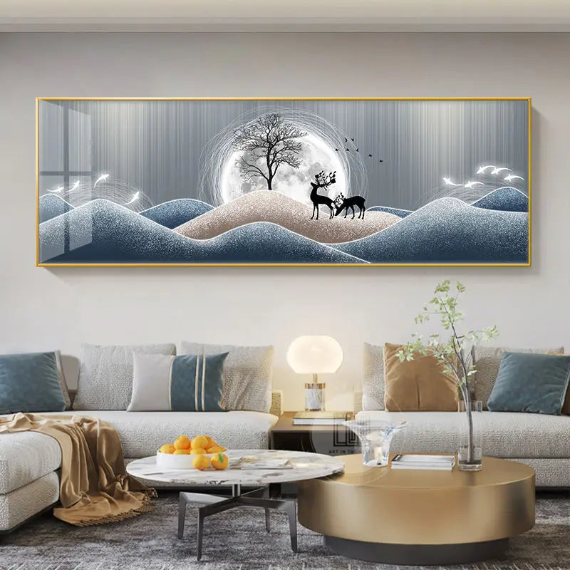 Quadro Decorativo Cervo Dourado Estilo Chinês — Arte Feng Shui para Sala sem Moldura