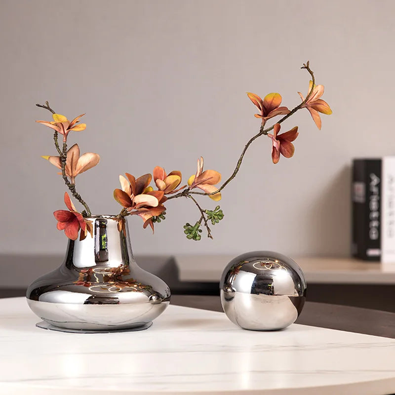 Vaso de Cerâmica Banhado a Prata — Enfeite Decorativo para Sala e Adega