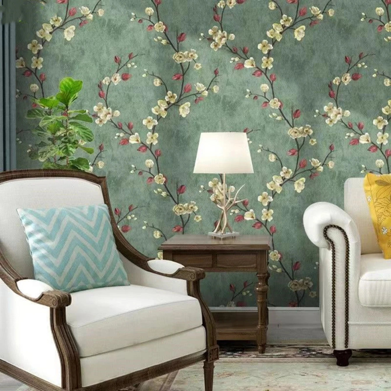 Papel de Parede Floral Verde Autocolante Removível — Impermeável para Quarto e Sala