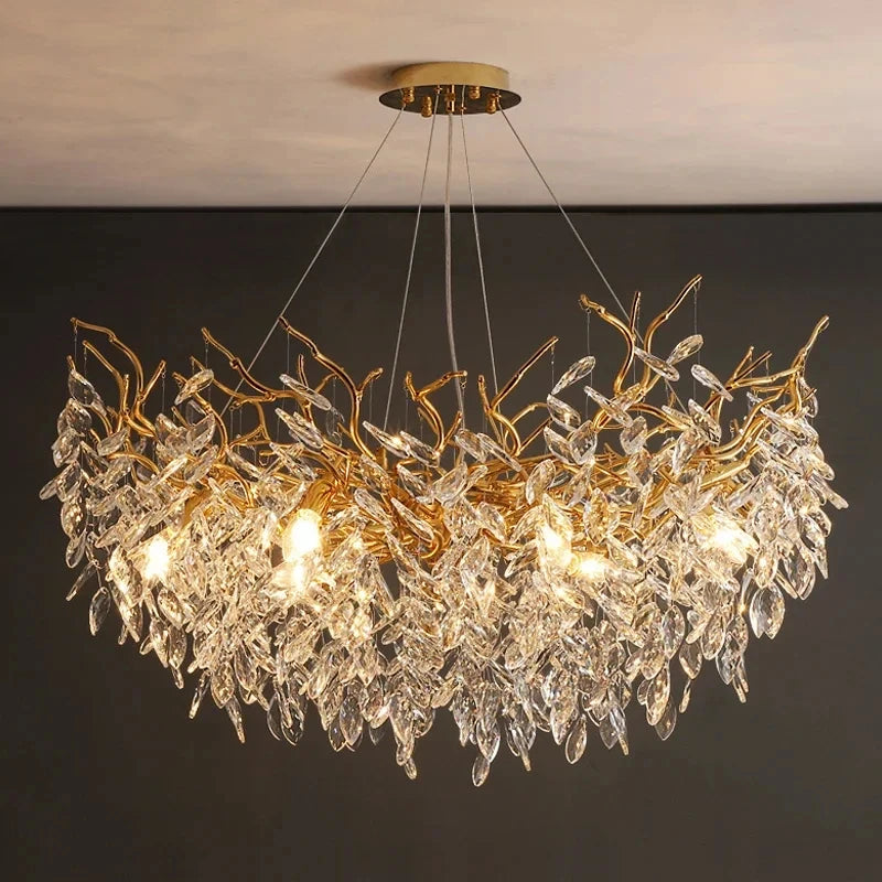Lustre de Cristal Dourado LED — Pendente de Luxo para Sala