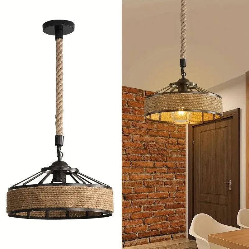 Lustre Pendente de Corda de Sisal — Luminária Industrial Retrô para Sala de Jantar