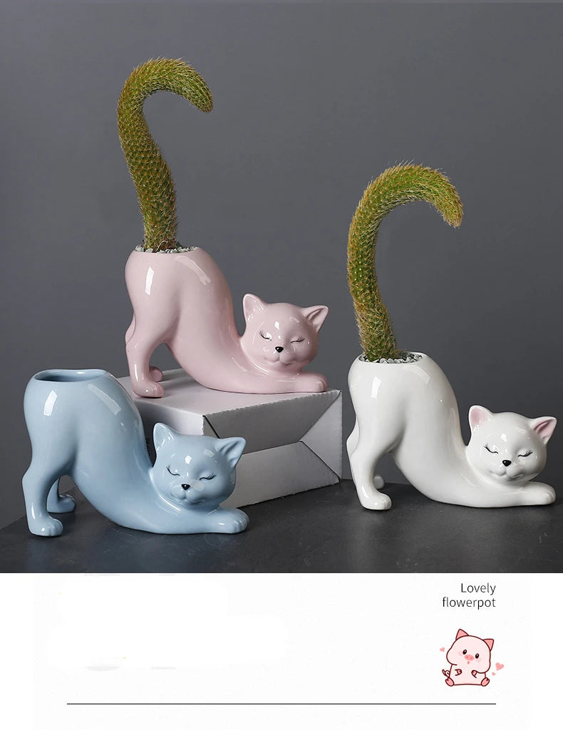 Vaso Cerâmica Gato Cartoon Fofo — Porta-Suculentas e Flores para Decoração