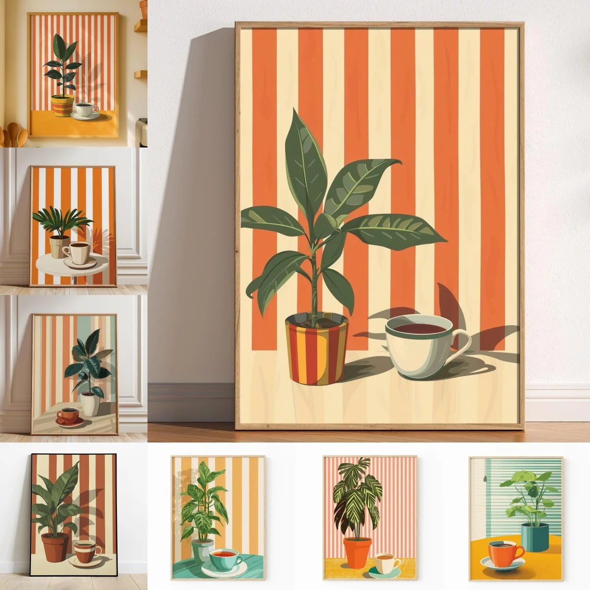 Quadro Decorativo Café Vintage Listras Quentes — Arte Retrô Minimalista para Sala e Quarto