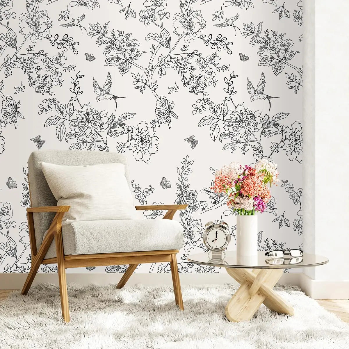 Papel de Parede Floral Preto e Branco com Pássaros — Autocolante Removível Elegante