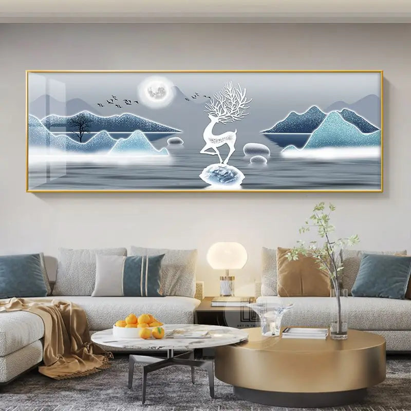 Quadro Decorativo Cervo Dourado Estilo Chinês — Arte Feng Shui para Sala sem Moldura