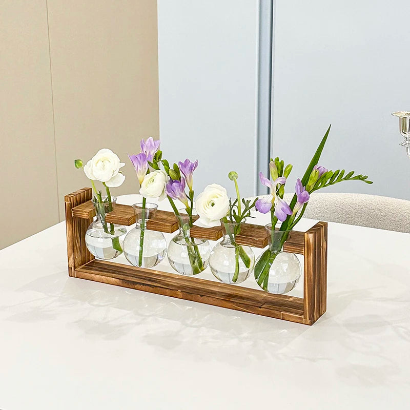 Vaso Hidropônico Formato Lampada com Base de Madeira — Decoração para Mesa e Escritório