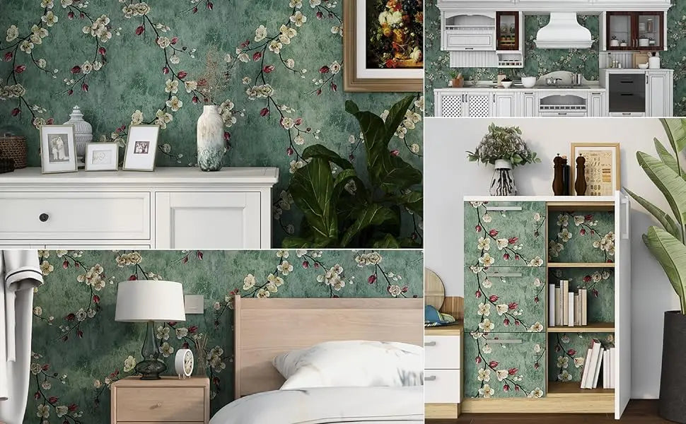 Papel de Parede Floral Verde Autocolante Removível — Impermeável para Quarto e Sala
