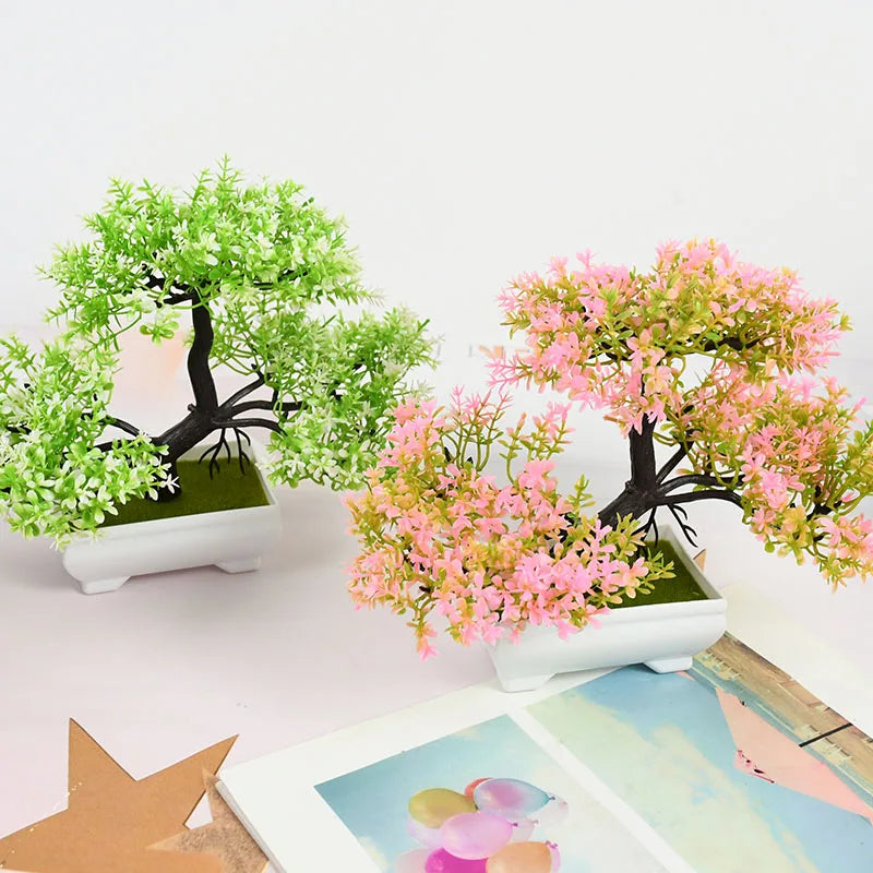 Bonsai Artificial com Vaso e Flores — Mini Árvore Decorativa para Mesa e Escritório