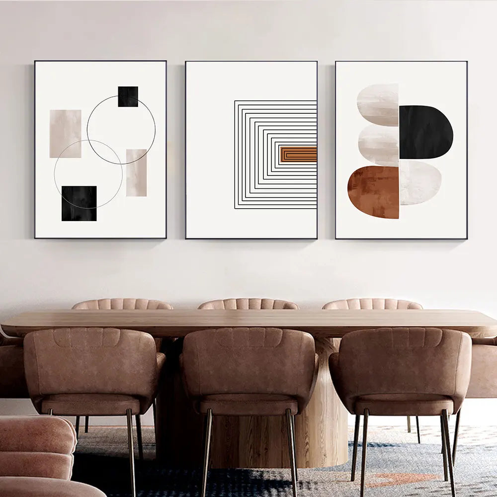 Kit 3 Quadros Canvas Arte Geométrica Abstrata — Linhas Preto e Branco Nórdico