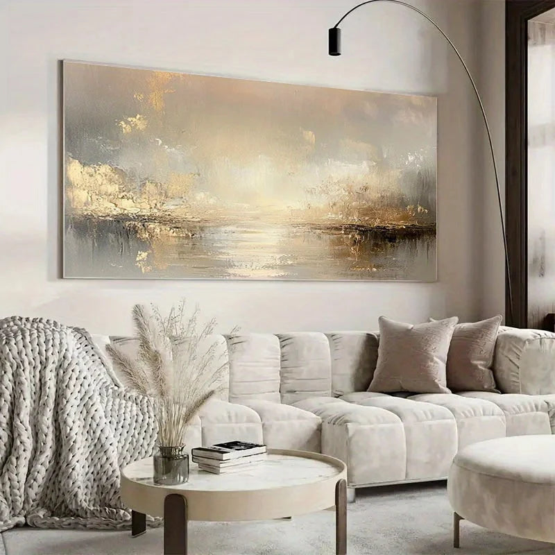 Quadro Decorativo Abstrato Bege e Dourado Texturizado — Pintura Sem Moldura para Sala