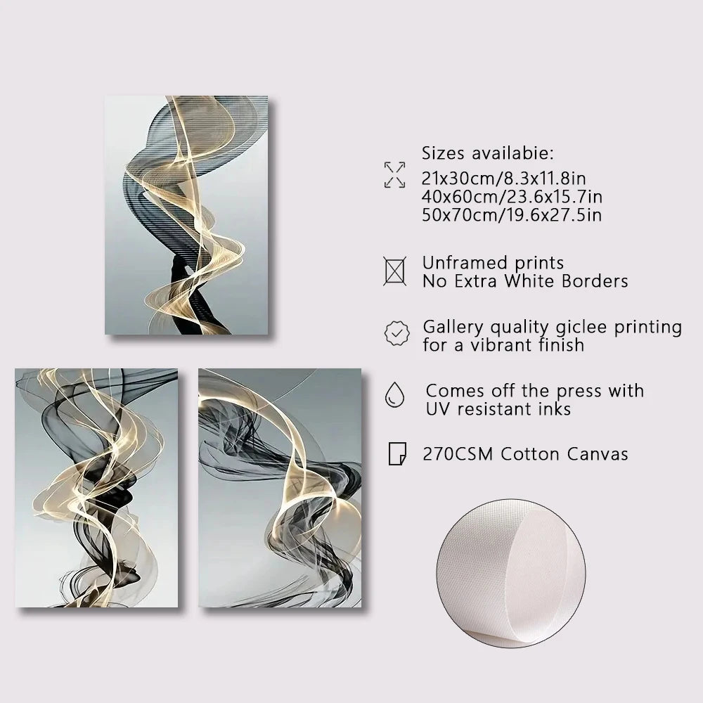 Kit 3 Quadros Canvas Ribbon Abstrato — Arte Nórdica para Quarto, Sala e Corredor