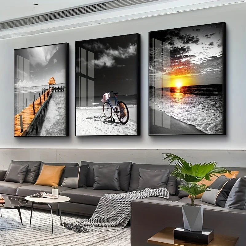Kit 3 Quadros Canvas Praia ao Nascer do Sol — Paisagem Preto e Branco para Sala e Quarto