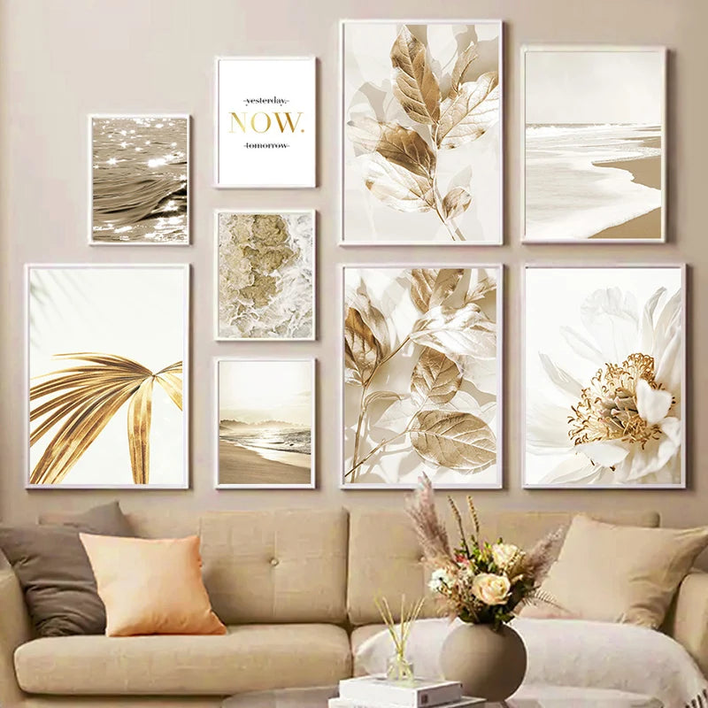 Quadro Decorativo Praia Dourada — Arte de Paisagem Nórdica Moderna para Sala