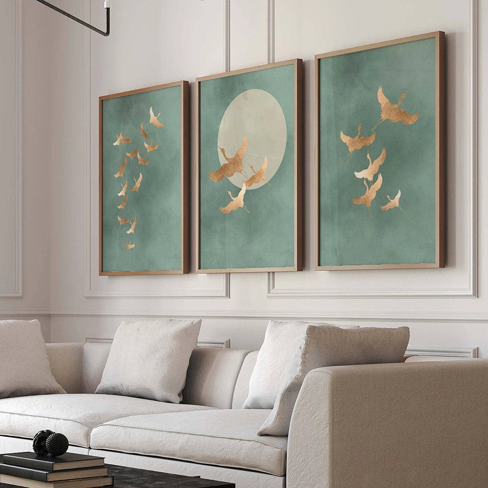 Kit 3 Quadros Garças Japandi Verde Sage — Arte Japonesa Minimalista para Sala e Quarto