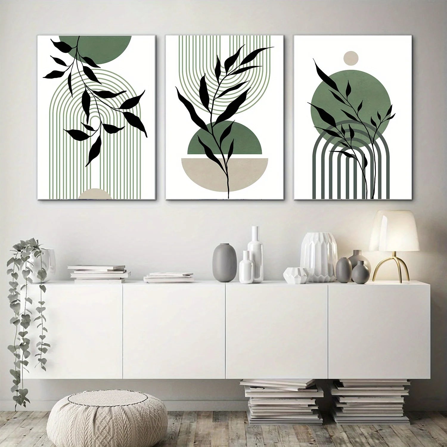 Kit 3 Quadros Boho Verde Sage — Arte Botânica Abstrata para Sala e Quarto