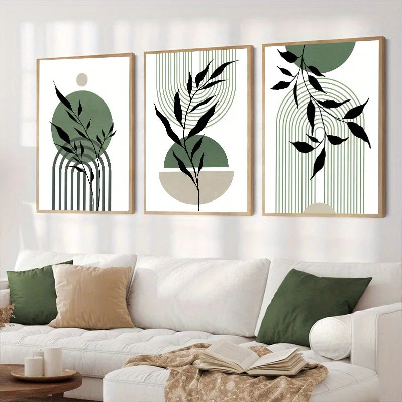 Kit 3 Quadros Boho Verde Sage — Arte Botânica Abstrata para Sala e Quarto