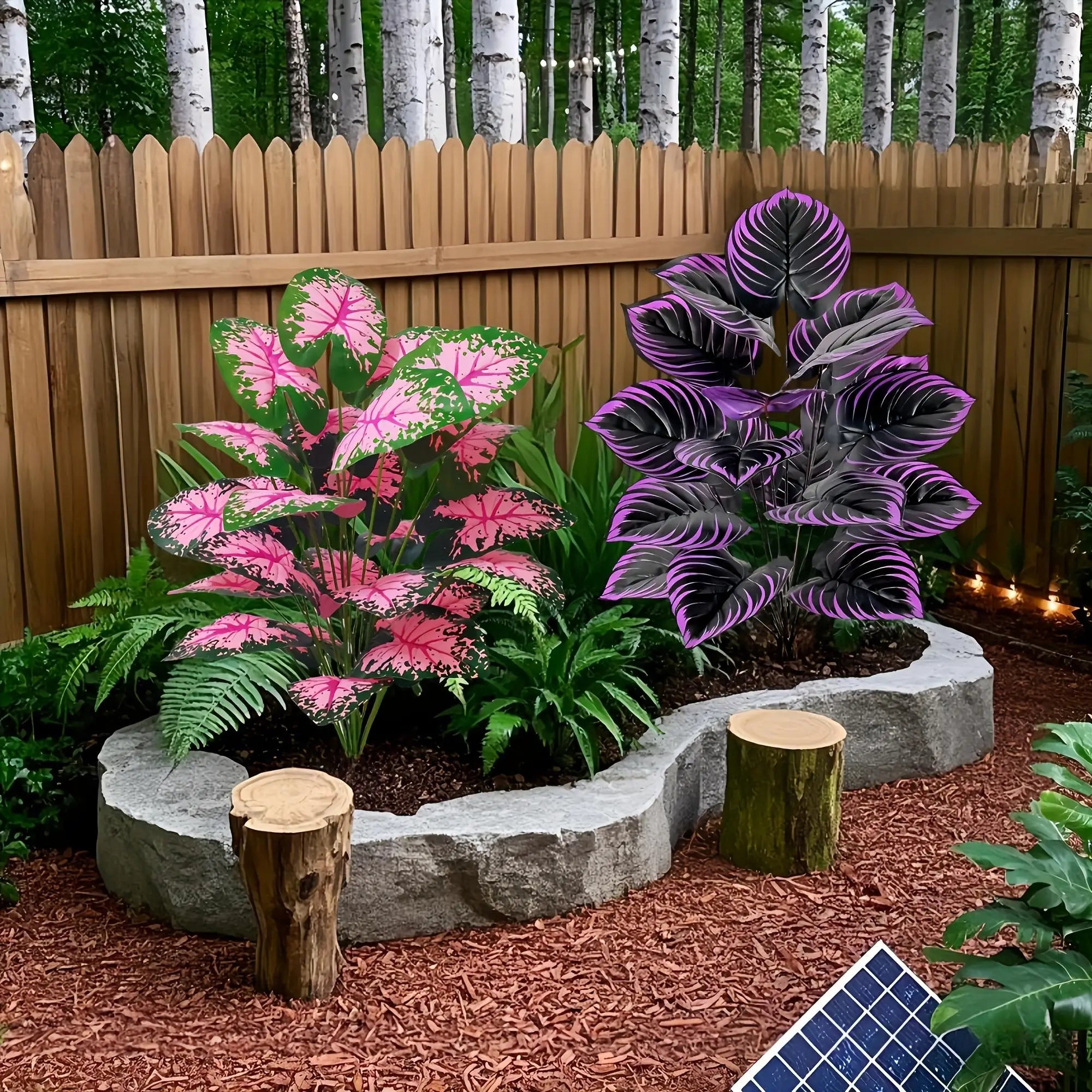 Plantas Artificiais Caladium Roxo e Rosa — Kit 2 Bonsai para Quarto e Escritório