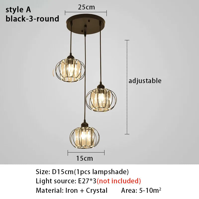 Lustre de Cristal LED Pendente — Luminária Nórdica Preta para Sala de Jantar