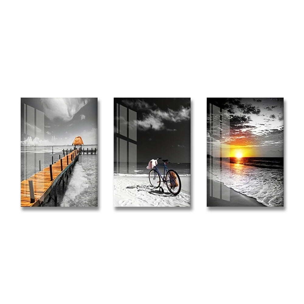Kit 3 Quadros Canvas Praia ao Nascer do Sol — Paisagem Preto e Branco para Sala e Quarto