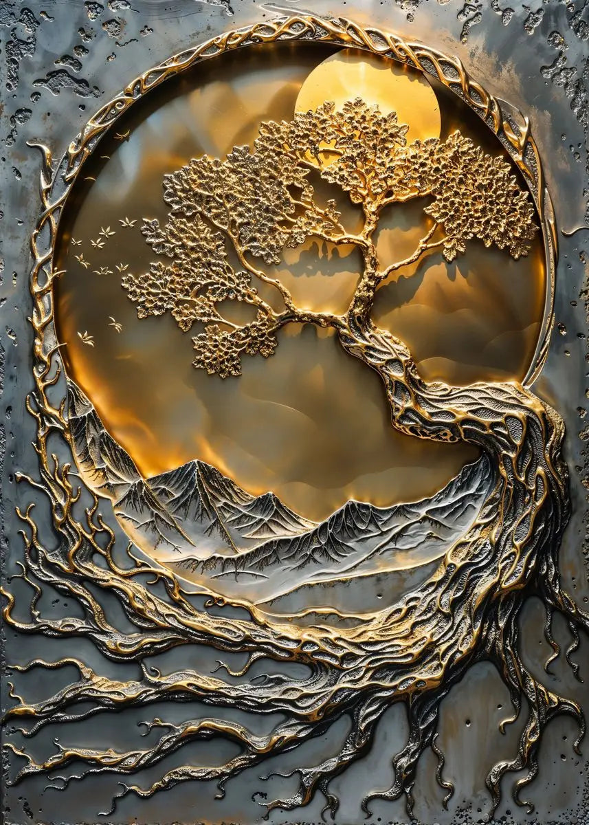 Quadro Decorativo Árvore Dourada e Lua — Arte Abstrata Zen