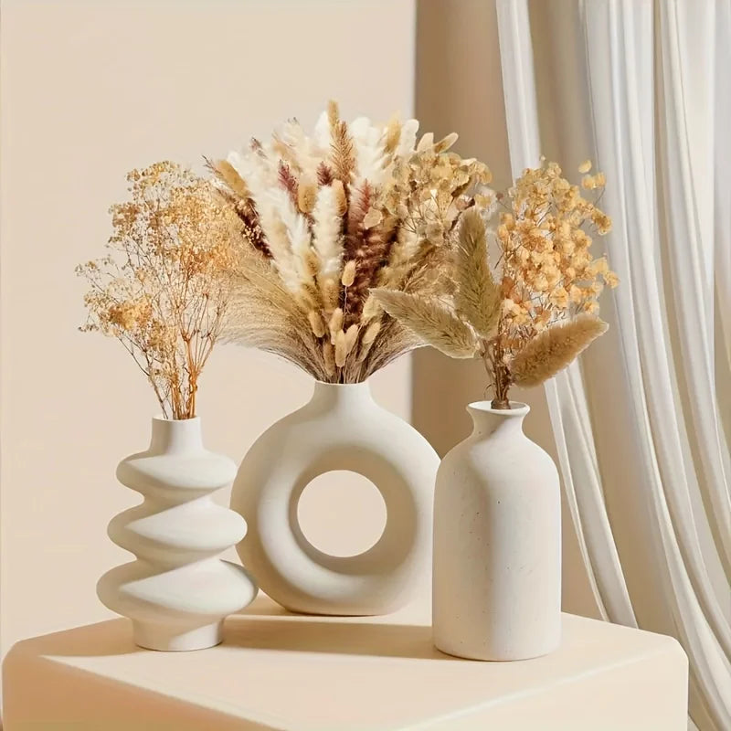 Kit 3 Vasos Cerâmica Boho Branco — Ornamentos Decorativos para Sala, Quarto e Casamento