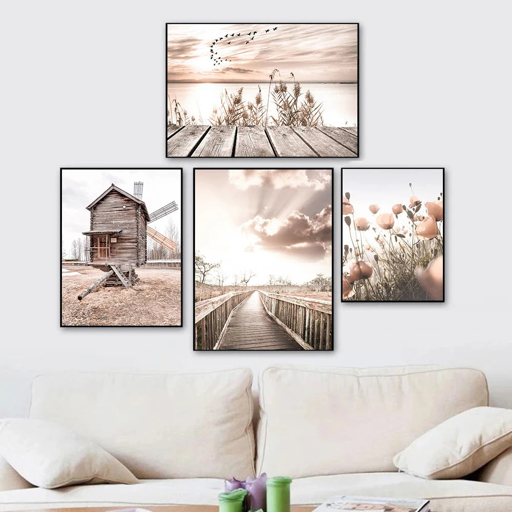 Quadro Decorativo Praia e Ponte de Madeira — Arte de Paisagem Nórdica para Sala