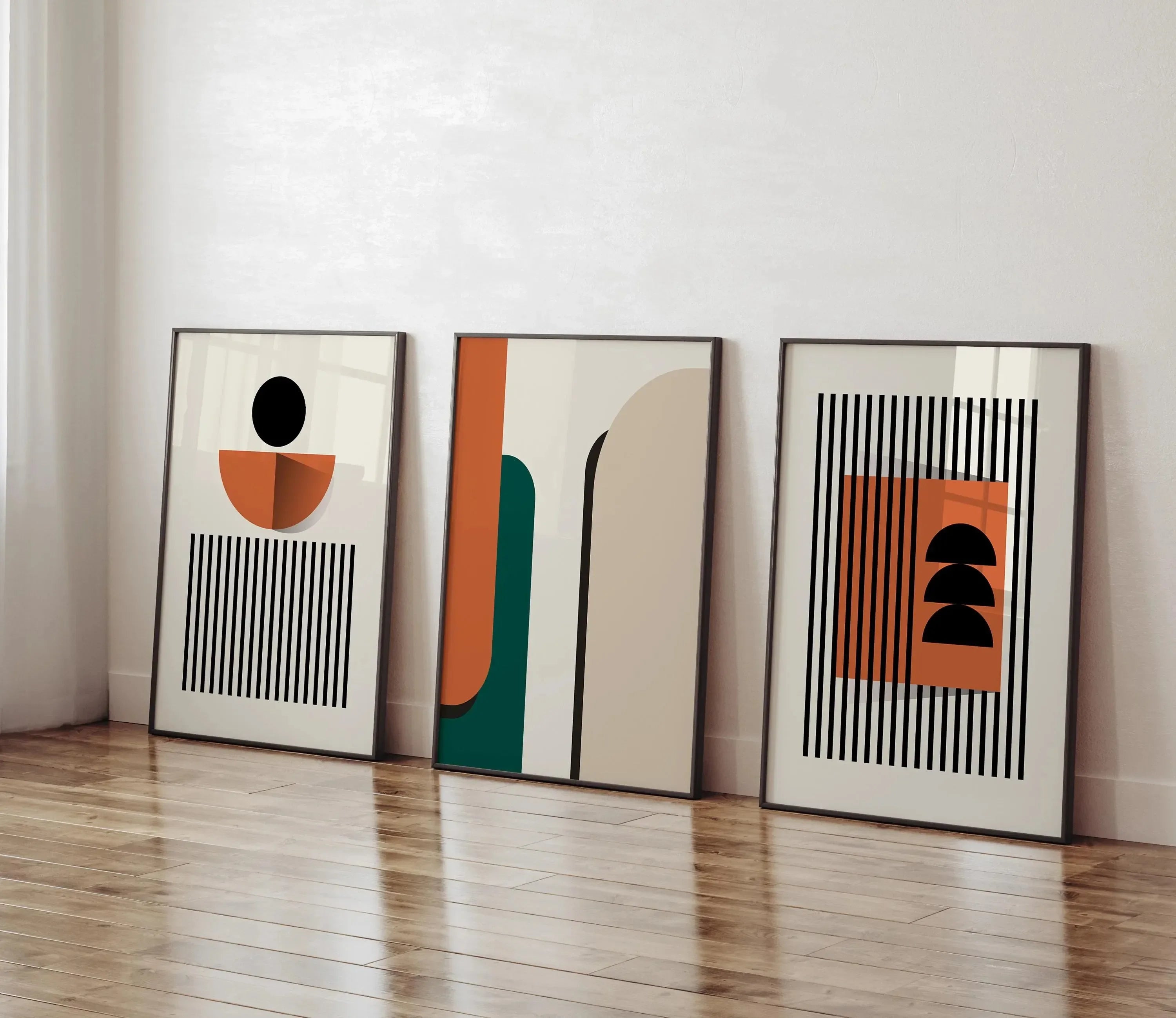 Kit 3 Quadros Geométrico Bauhaus Laranja e Bege — Arte Boho para Sala