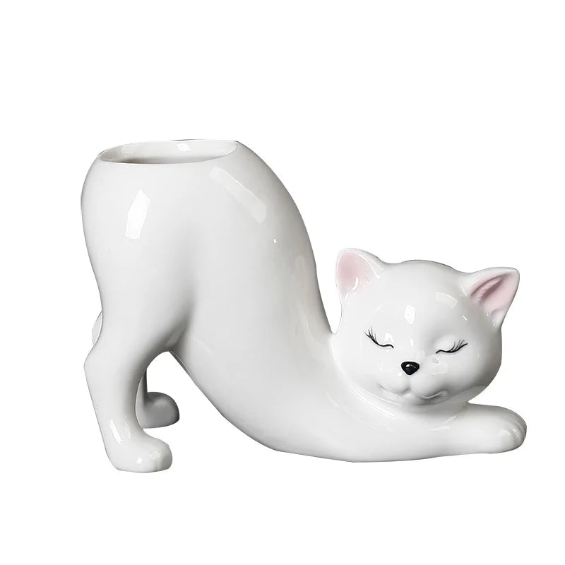 Vaso Cerâmica Gato Cartoon Fofo — Porta-Suculentas e Flores para Decoração