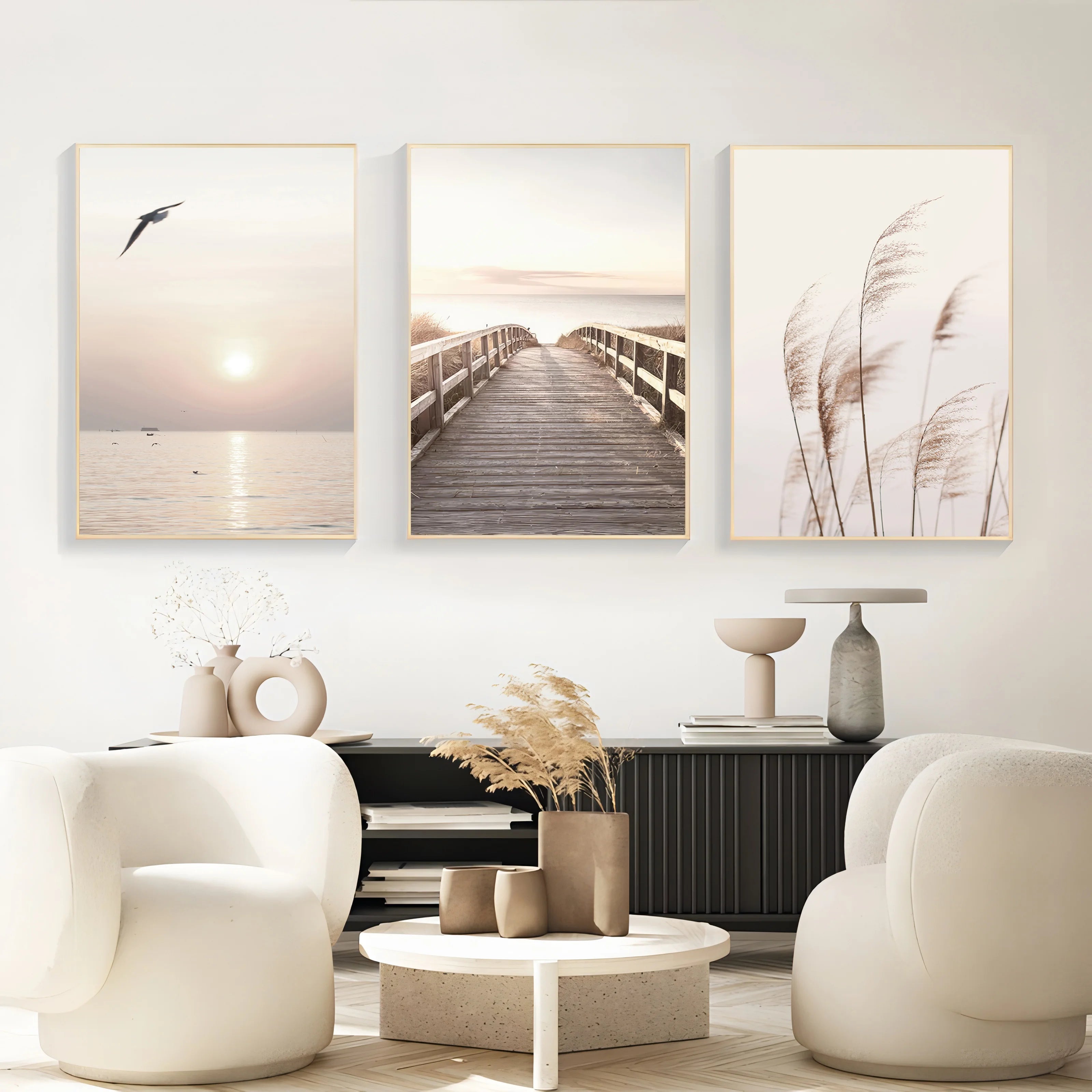 Kit 3 Quadros Paisagem Praia Branca — Arte Nórdica para Sala e Quarto