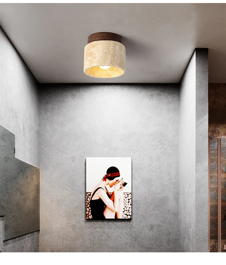 Luminária de Teto LED Estilo Japonês — Madeira e Pedra para Sala, Corredor e Varanda