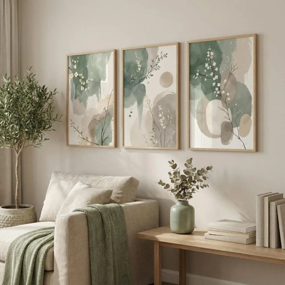 Kit 3 Quadros Japanese Plants — Arte Aquarela Verde Sage e Bege Estilo Zen Sem Moldura