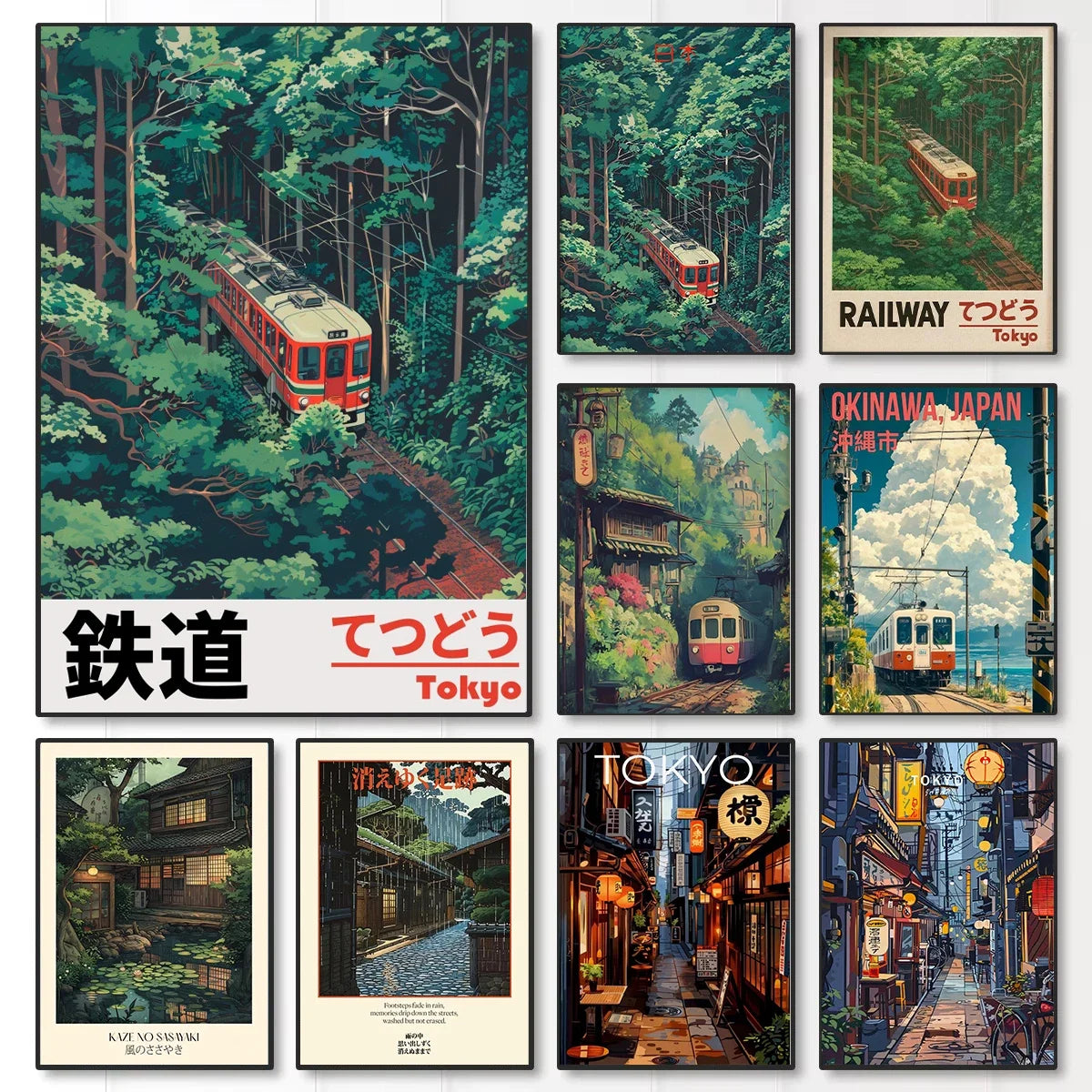 Quadro Decorativo Rua Japonesa Noite Chuvosa — Arte de Paisagem Retrô para Sala e Quarto