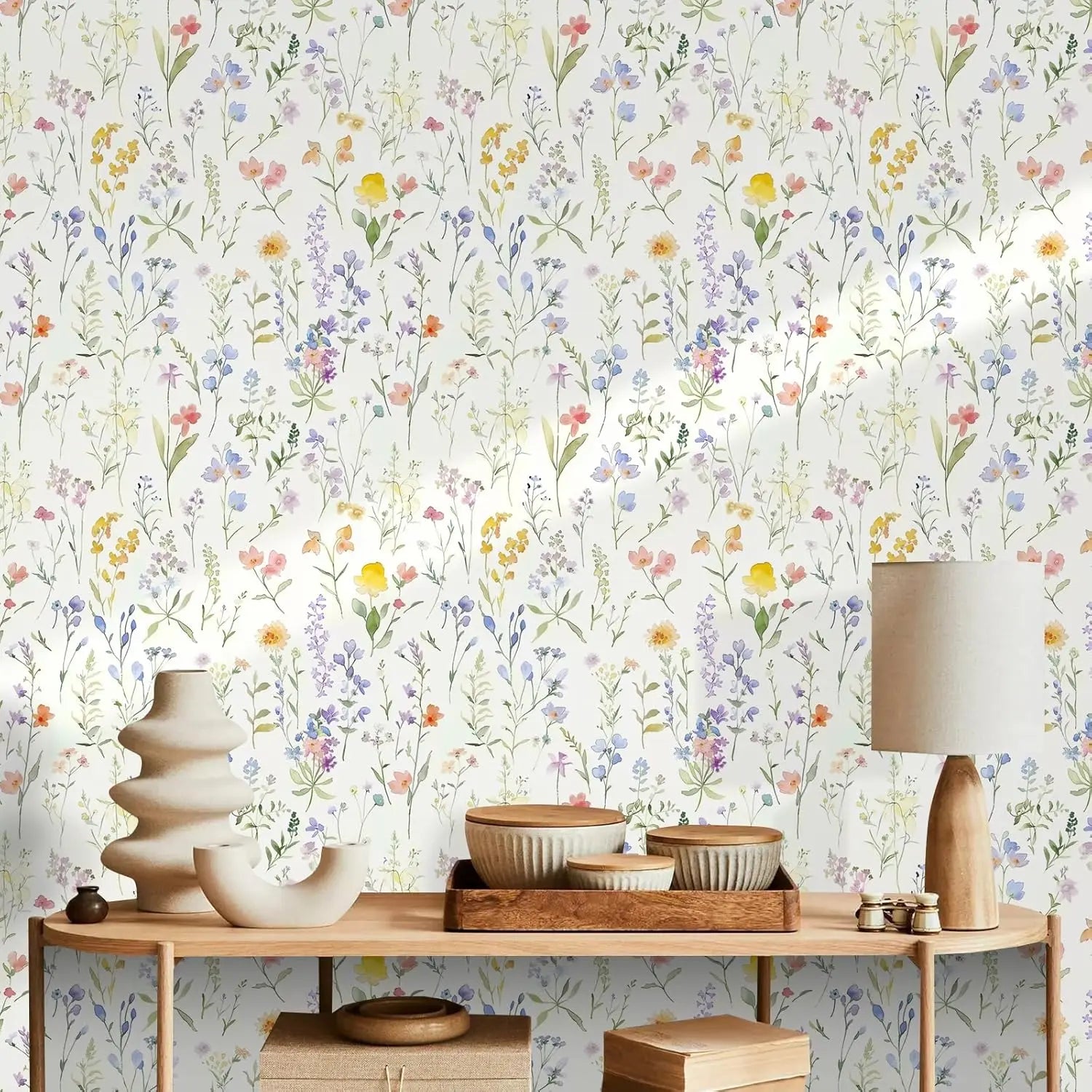 Papel de Parede Boho Floral com Folhas Removível Autocolante — Para Banheiro e Quarto