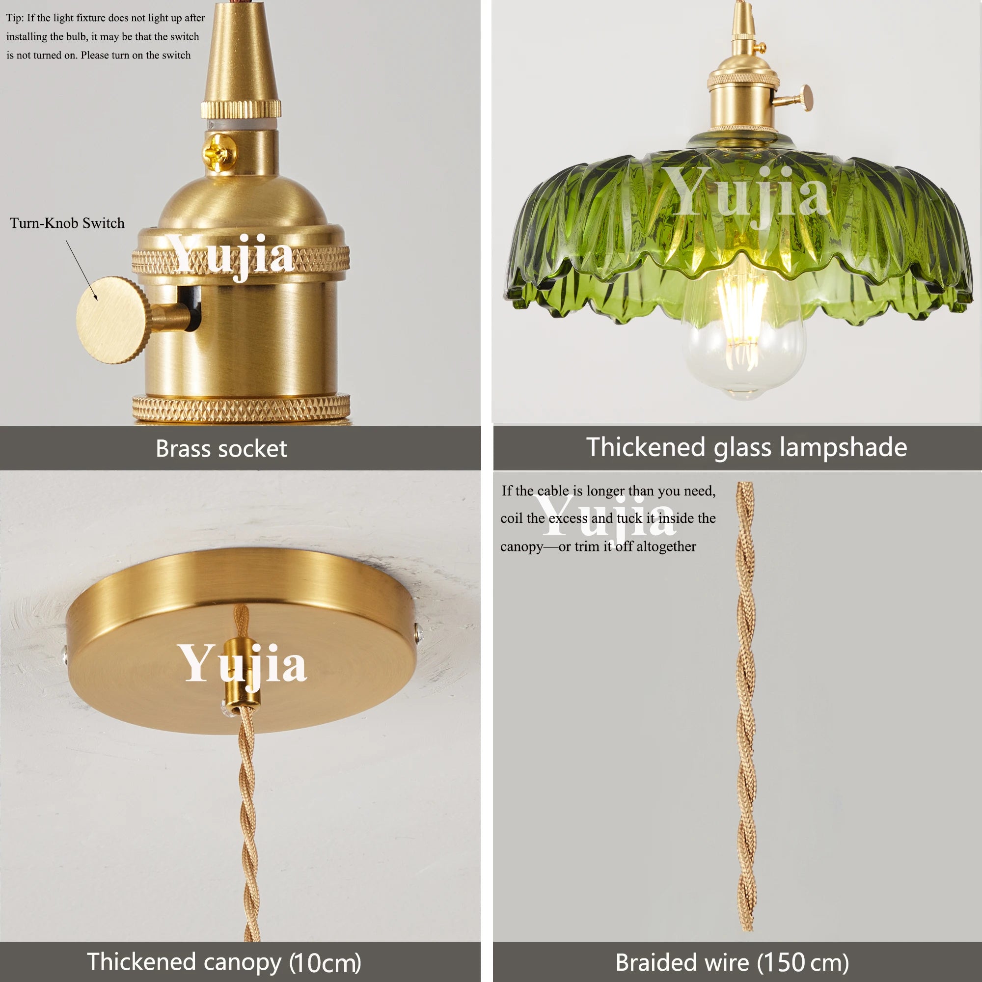 Pendente Nórdico Vidro Verde — Luminária de Latão para Cozinha e Sala de Jantar