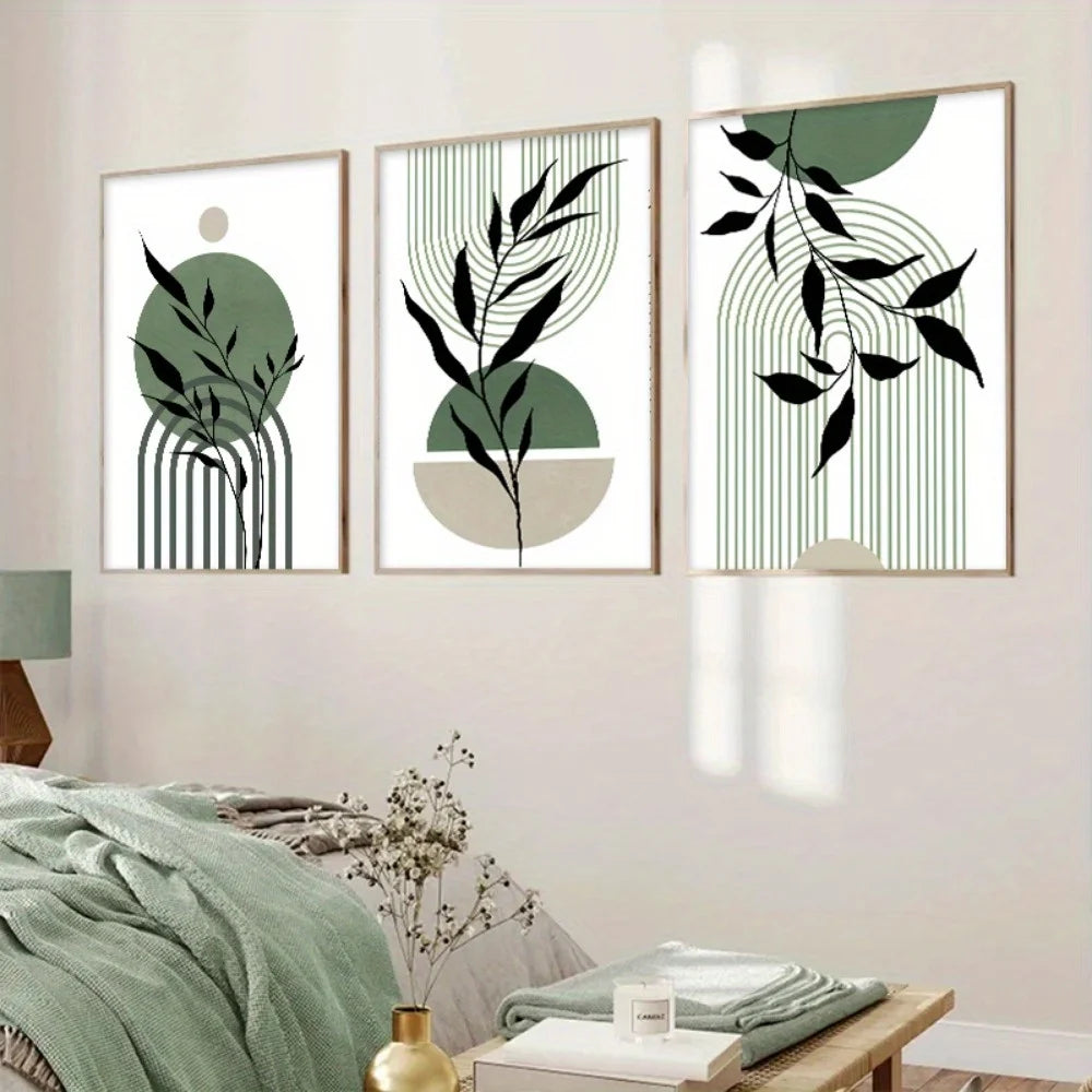Kit 3 Quadros Boho Verde Sage — Arte Botânica Abstrata para Sala e Quarto