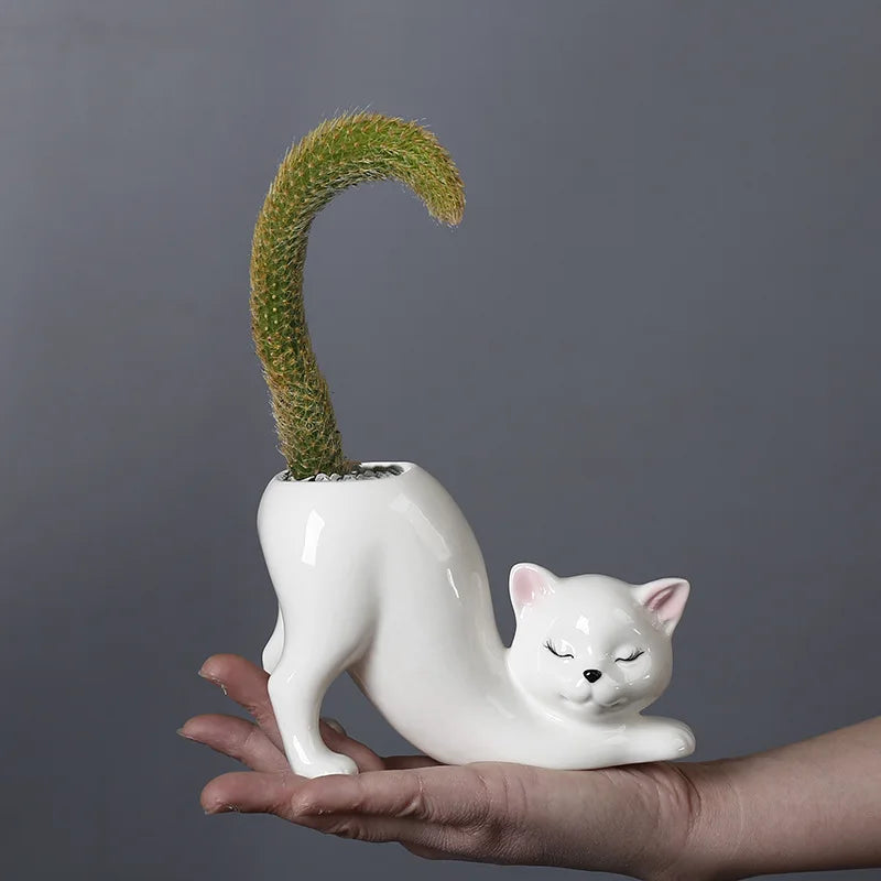 Vaso Cerâmica Gato Cartoon Fofo — Porta-Suculentas e Flores para Decoração