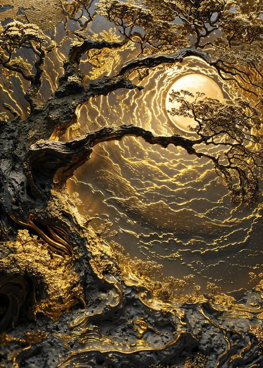 Quadro Decorativo Árvore Dourada e Lua — Arte Abstrata Zen