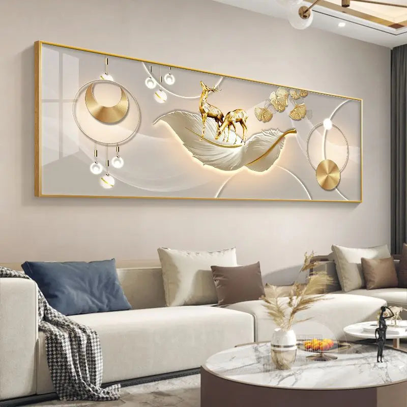 Quadro Decorativo Cervo Dourado Estilo Chinês — Arte Feng Shui para Sala sem Moldura