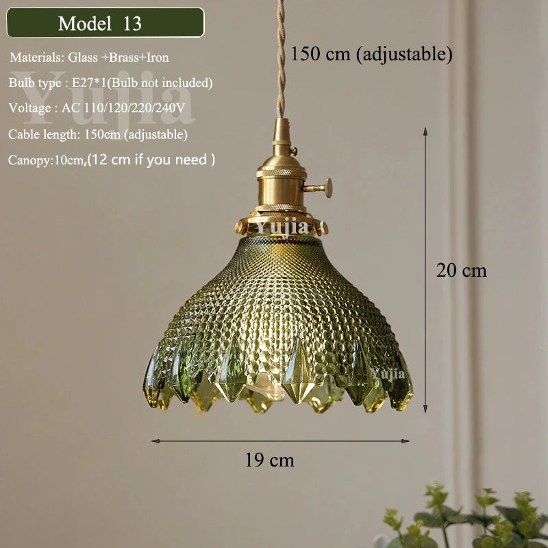 Pendente Nórdico Vidro Verde — Luminária de Latão para Cozinha e Sala de Jantar