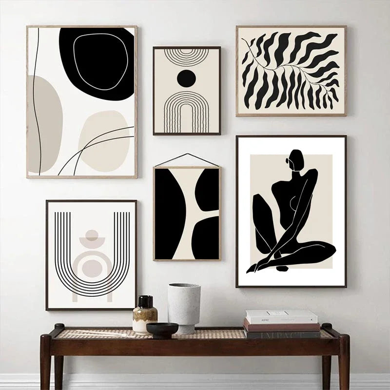 Quadro Decorativo Geométrico Boho Preto e Bege — Arte Abstrata para Sala