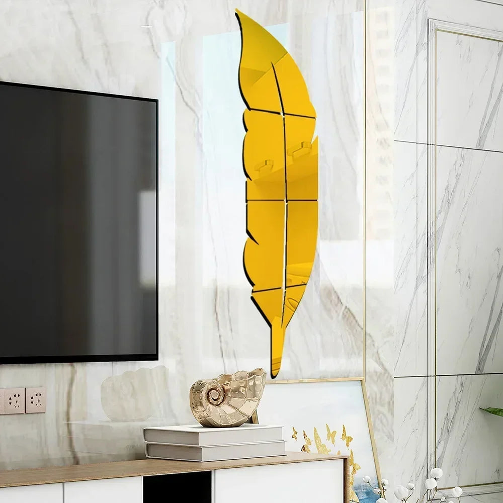 Adesivo de Parede 3D Penas Dançantes com Espelho — Decoração Elegante para Sala e Quarto