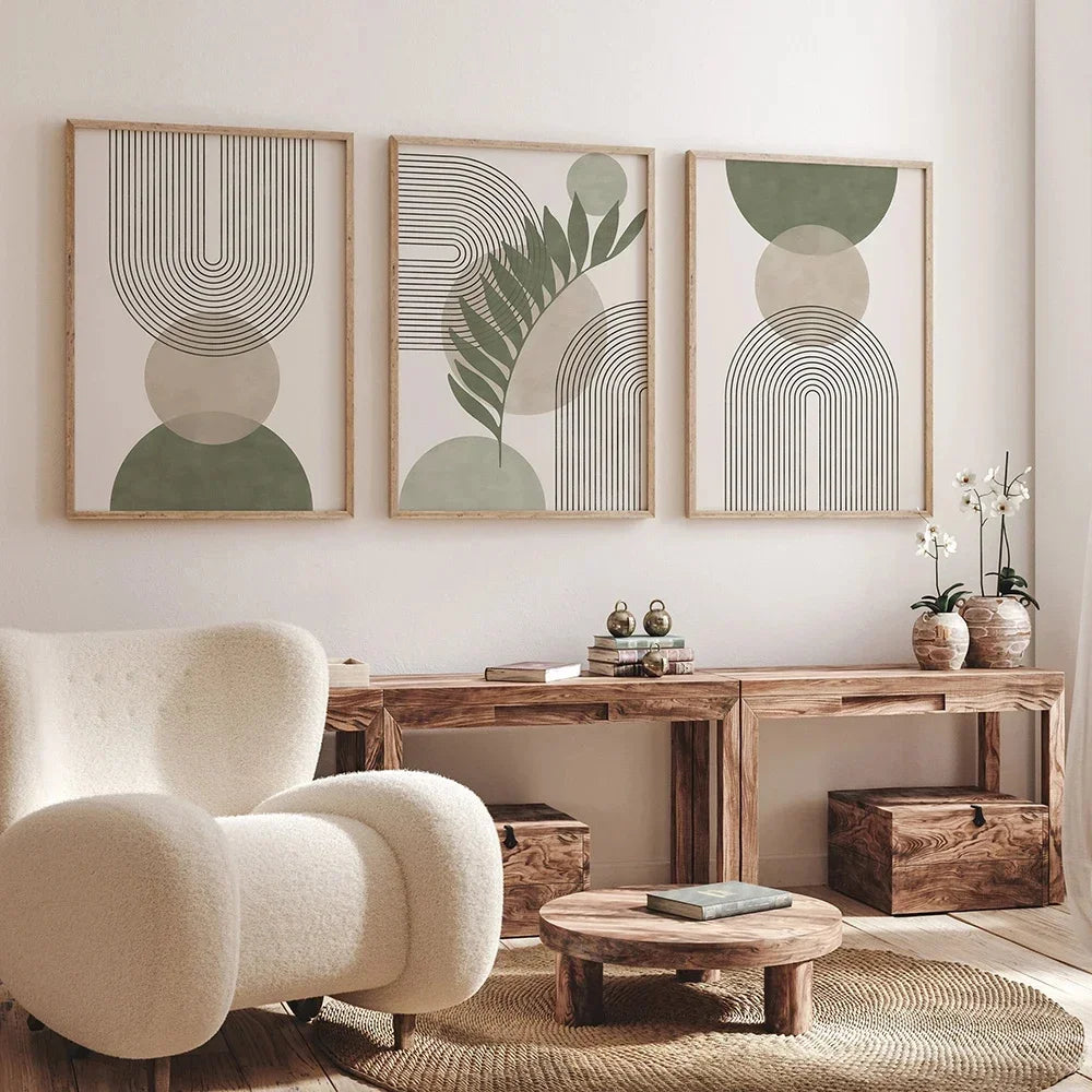 Quadro Decorativo Botânico Verde Sage Nórdico — Arte Boho Geométrica para Sala