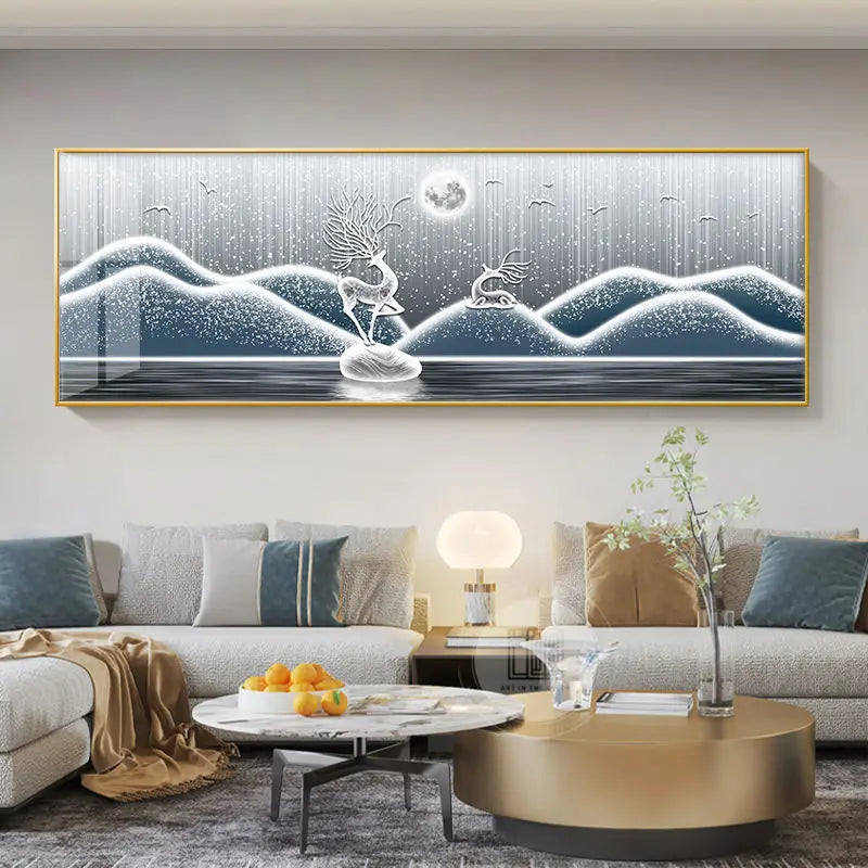 Quadro Decorativo Cervo Dourado Estilo Chinês — Arte Feng Shui para Sala sem Moldura