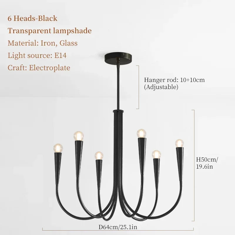Lustre de Vela Pendente Preto Estilo Francês — Luminária de Luxo para Sala de Estar