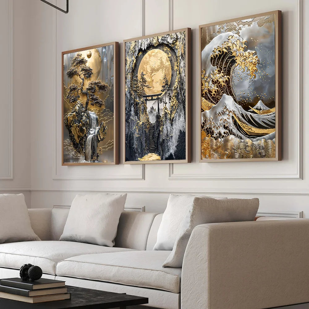 Quadro Decorativo Árvore Dourada e Lua — Arte Abstrata Zen
