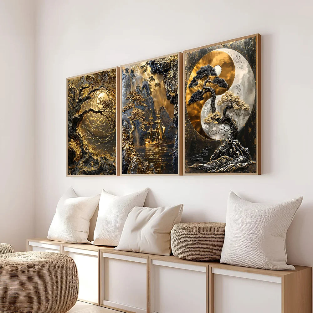 Quadro Decorativo Árvore Dourada e Lua — Arte Abstrata Zen