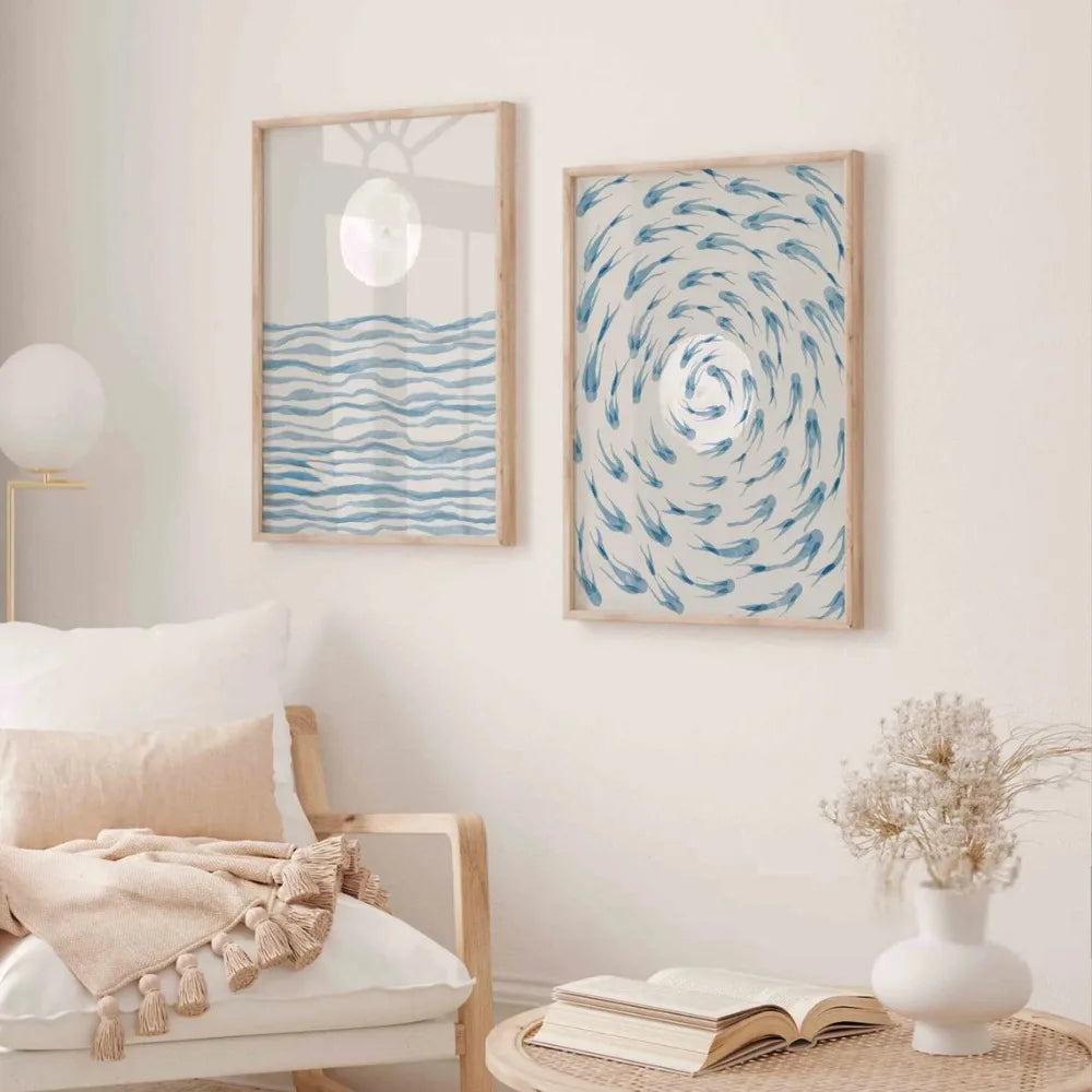 Kit 2 Quadros Oceano Azul Ondas — Arte Boho Vintage Sem Moldura para Sala e Quarto