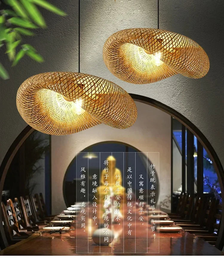 Pendente de Bambu Tecido a Mao — Luminaria Artesanal Boho