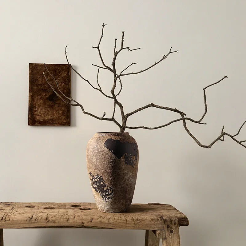 Vaso Wabi Sabi Cerâmica Retrô — Arranjo de Flores Secas para Sala, TV e Hall