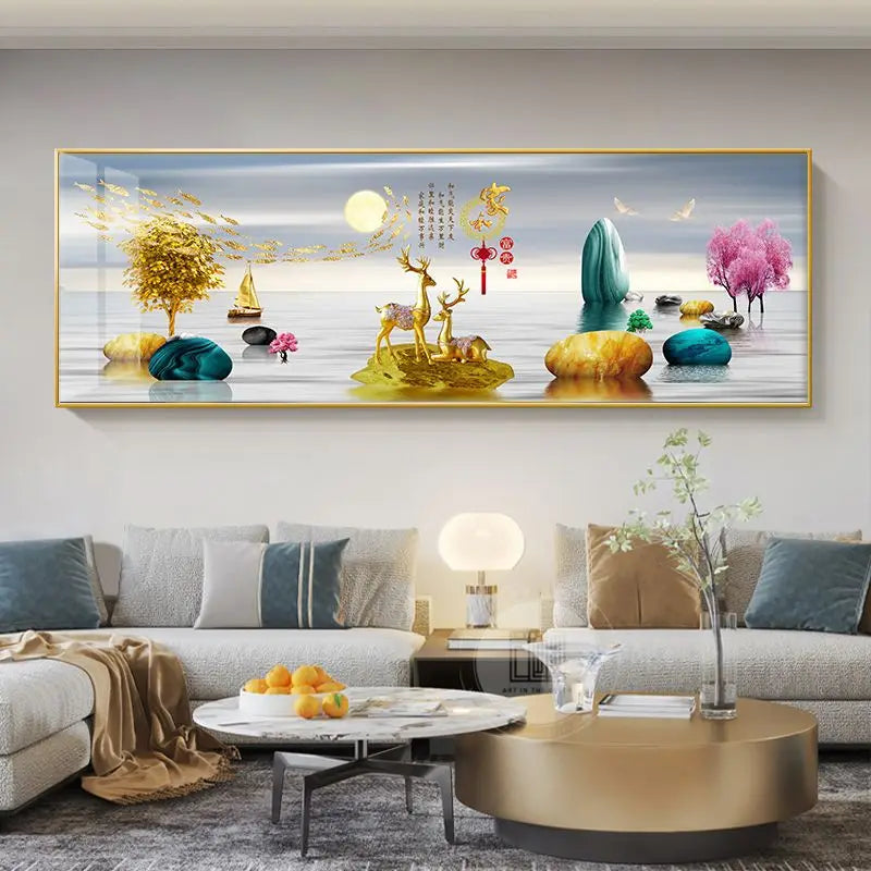 Quadro Decorativo Cervo Dourado Estilo Chinês — Arte Feng Shui para Sala sem Moldura